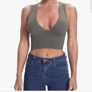 Olive Green ribbed v neck crop top